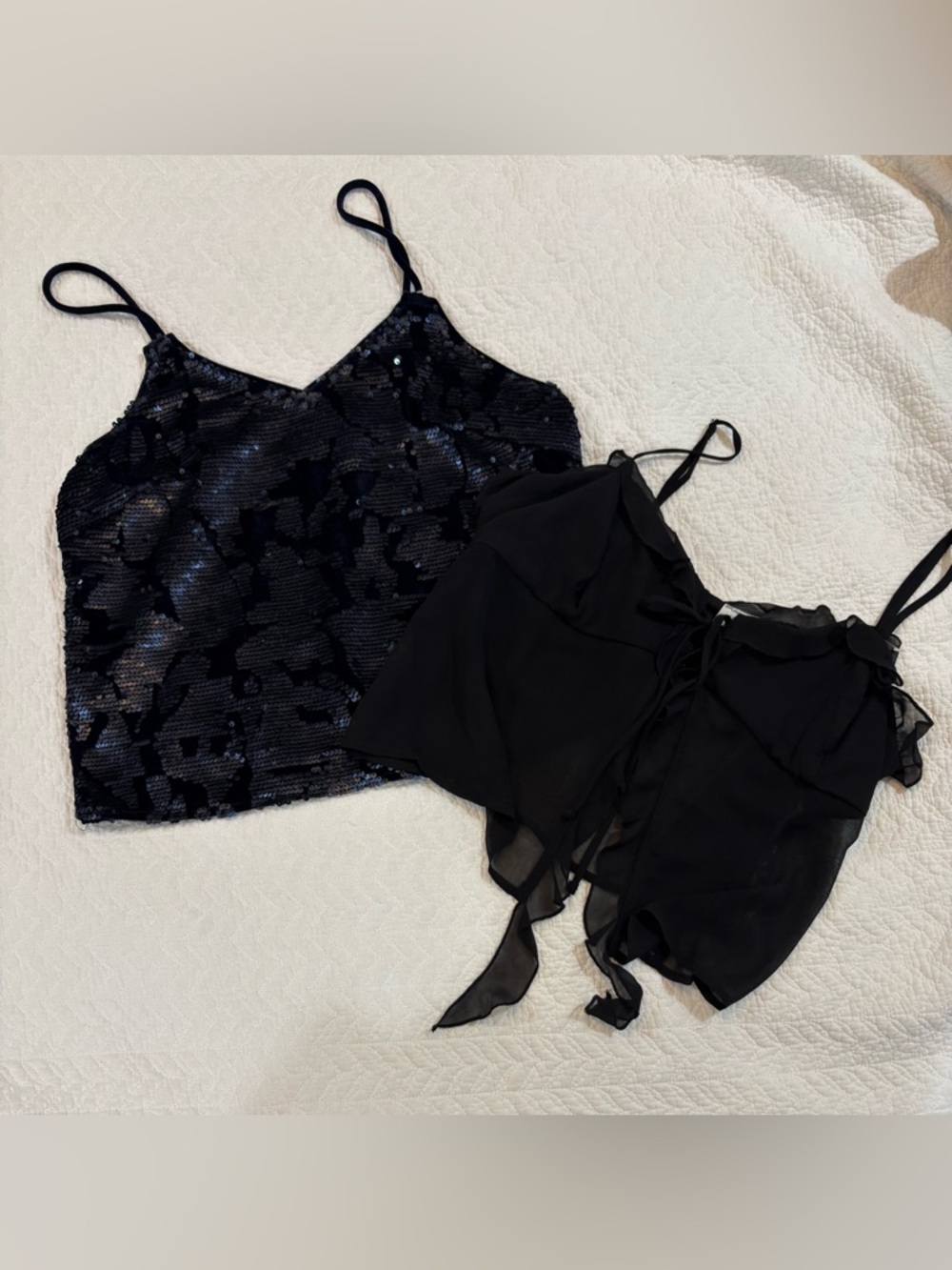 Lucy Paris Sequin Camisole Top and Sheet black top, spaghetti strap, BUNDLE